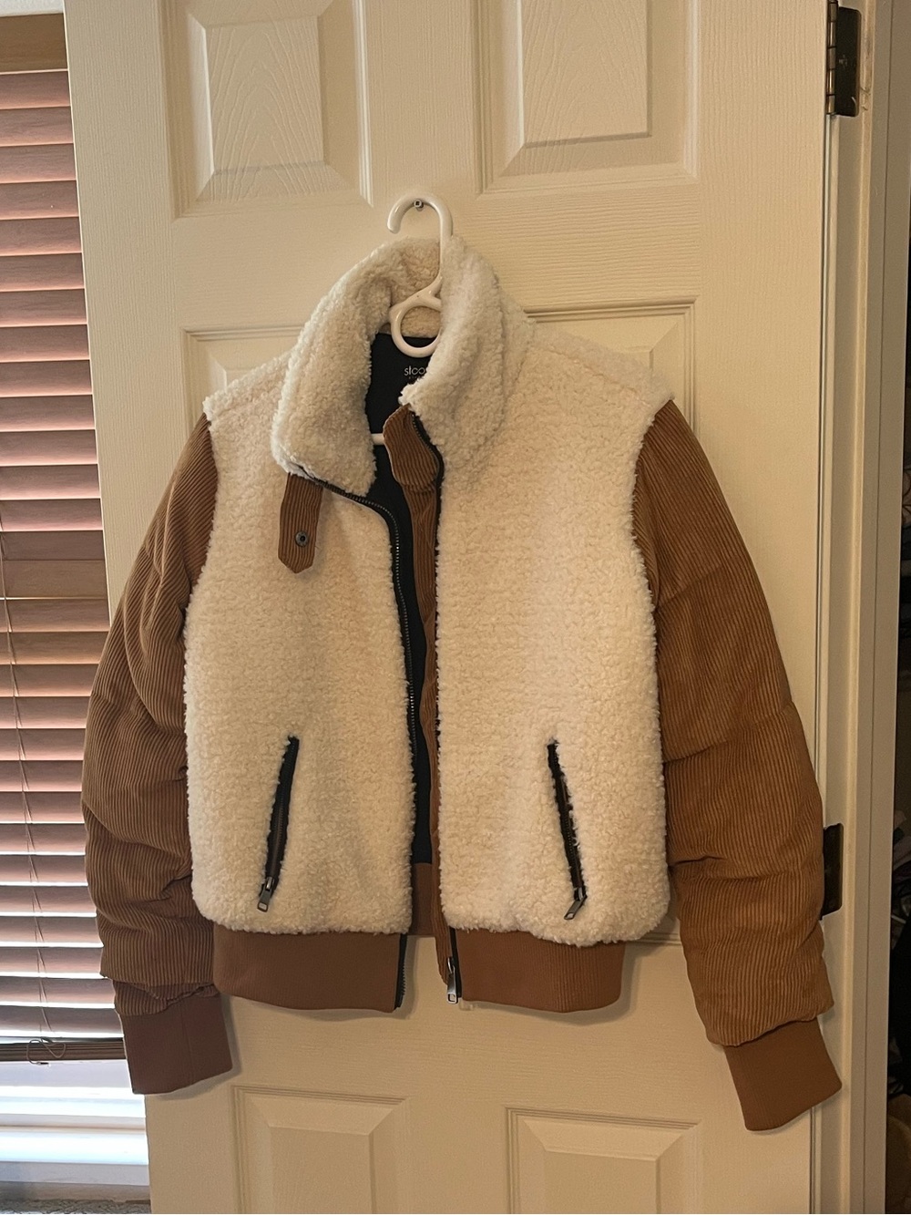 Stoosh Cream Sherpa Bomber Jacket with Brown Sleeves